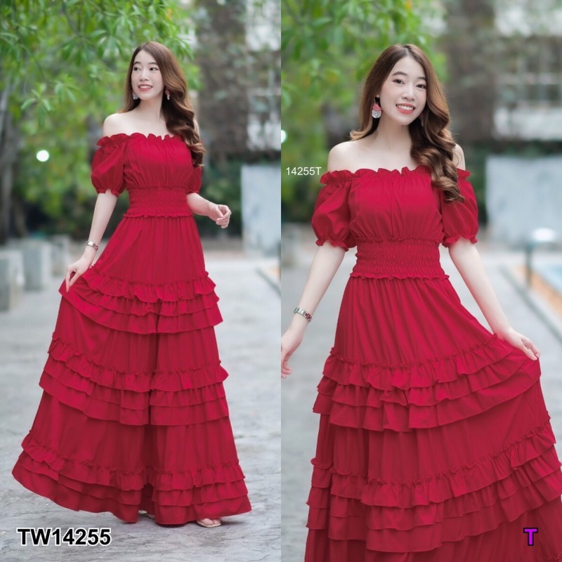 kudapy เดรสยาวสี ขาว ชมพู เหลือง แดง โอรส เปิดไหล่ แขนตุ๊กตา เอวสม็อกรอบ แต่งระบายชั้นๆ ทรงสวยบางระบายเข้ารูป