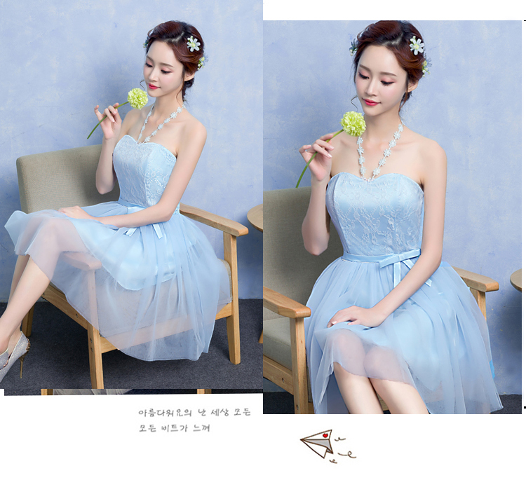 kudapy ชุดราตรีสั้นใส่ออกงาน สีครีมเบจ/สีฟ้า/สีม่วง มีสายผูกคอลายลูกไม้ เดรสเกาะอก หลังสม็อคยืดได้