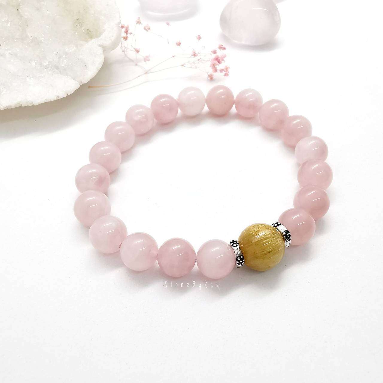 สร้อยข้อมือหินโรสควอตซ์ร้อยกับหินไหมทองRose Quartz+Rutilated Quartz