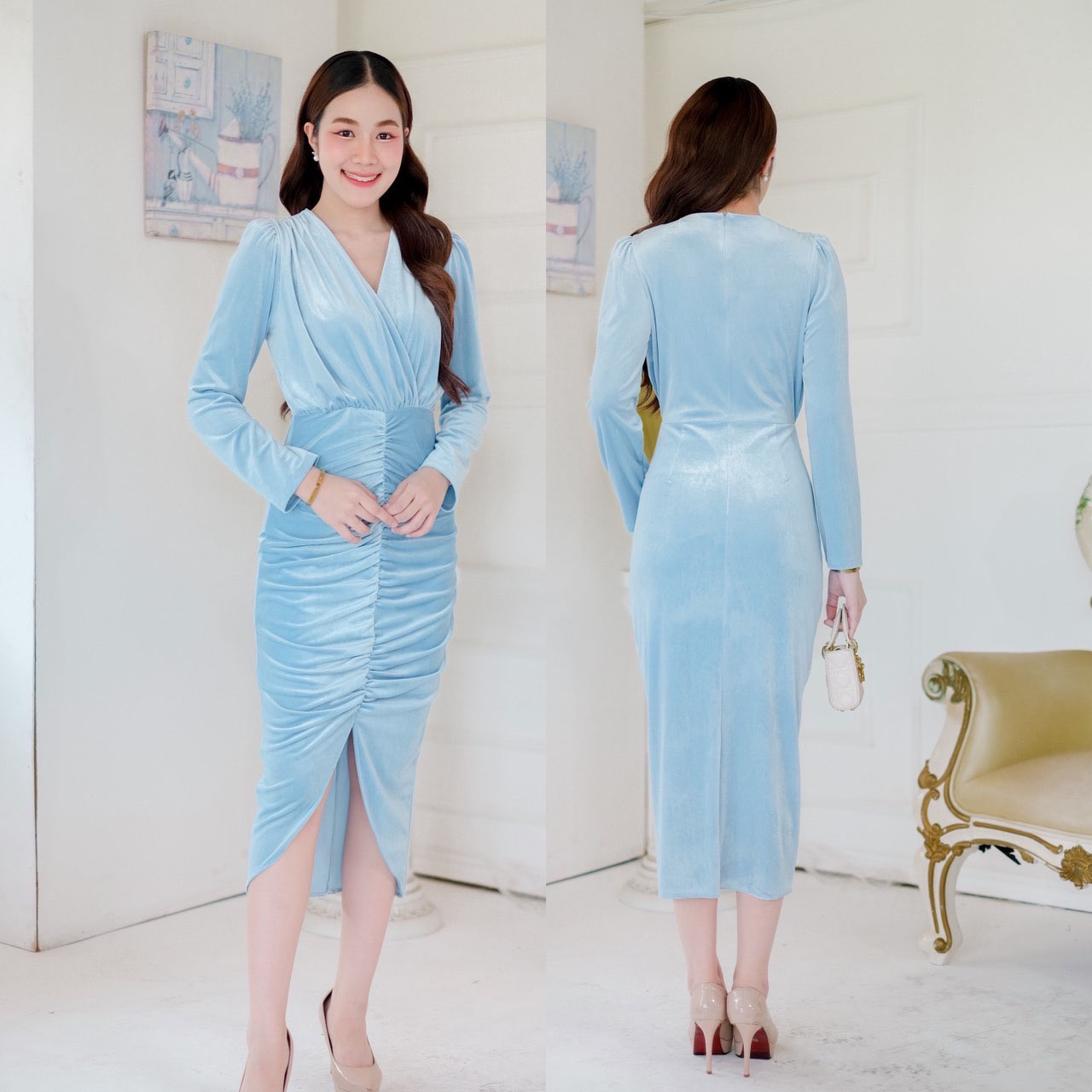 kudapy เดรสสั้นสีฟ้า/าีน้ำตาล กำมะหยี่ คอวี จับจีบไหล่ตั้ง กระโปรงเอวสูงทรงสอบทิวลิปยาว จับจีบย่นกลาง