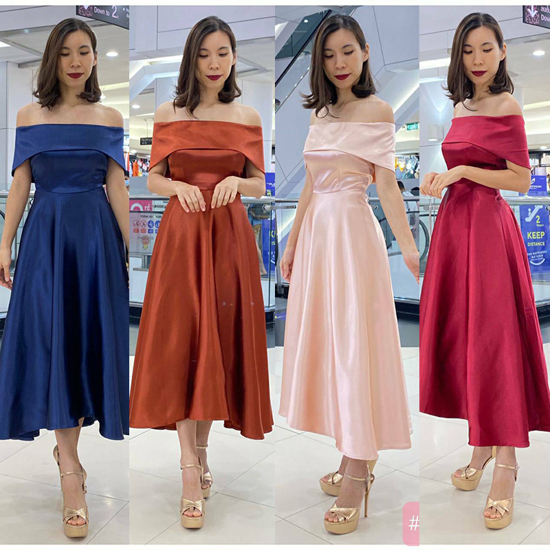 kudapy เดรสเปิดบ่า พับอก หน้าสั้นหลังยาวสีกรม แดงไวน์ ครีมทอง คอปเปอร์ อัดกาวเก็บทรงสวย สามารถยืดหยุ่นได้