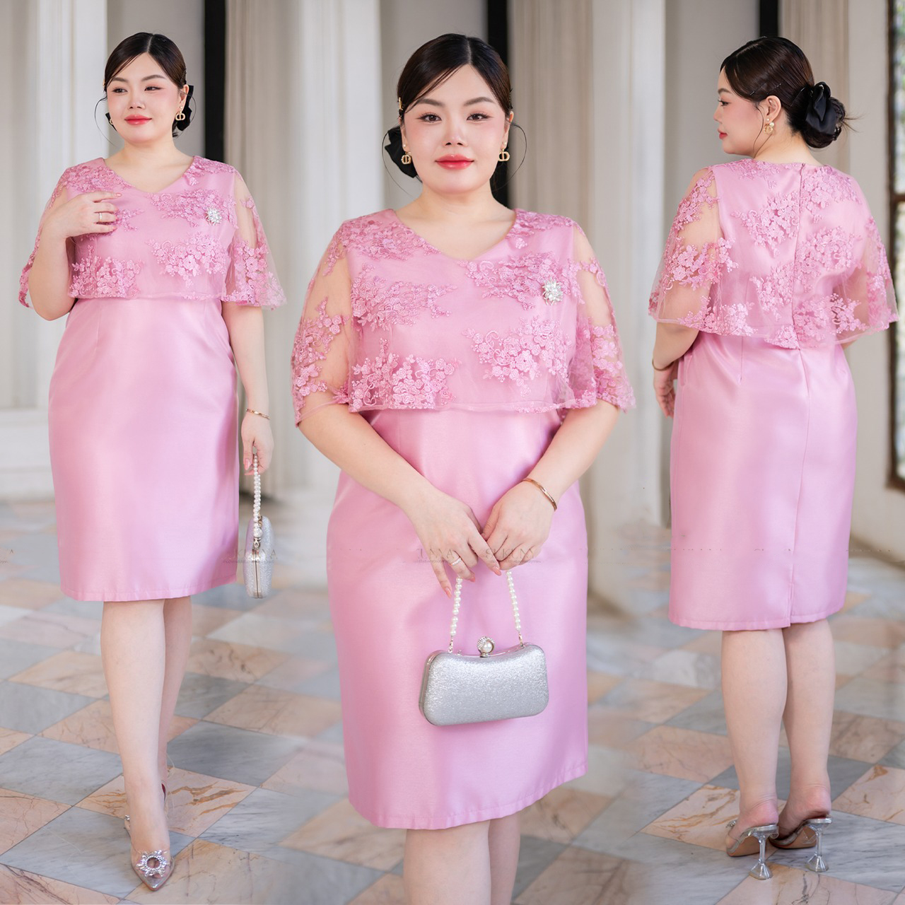 kudapy เดรสผ้าไหมญี่ปุ่นคอวี แต่งระบายลูกไม้ปักดอกนูน ช่วงคอและแขน กระโปรงทรงสอบผ่าหลัง อัดกาว