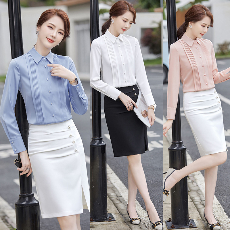 kudapy เสื้อเชิ้ตทำงานผู้หญิงสีขาว/สีชมพู/สีฟ้า คอปกแต่งจีบแขนยาว (เฉพาะเสื้อ)