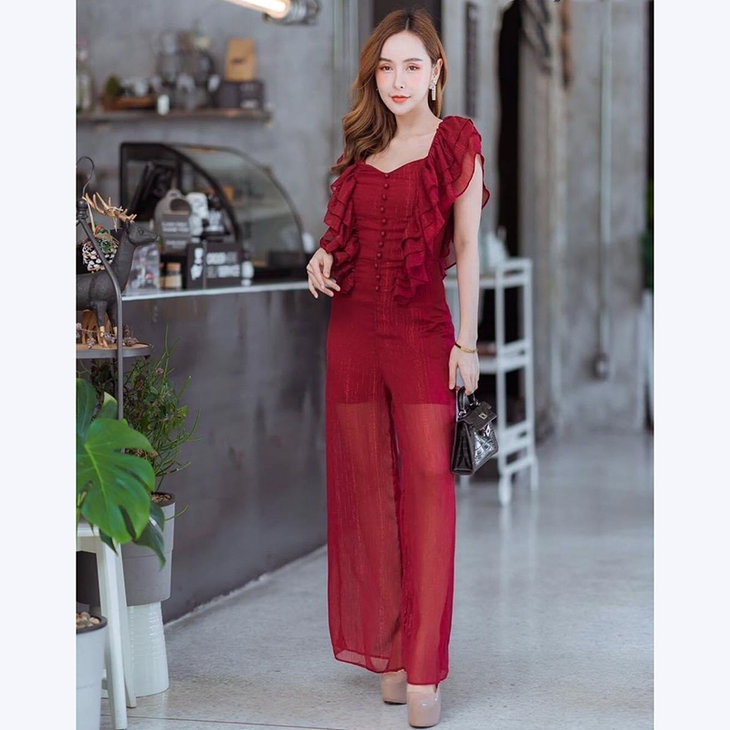 kudapy จั๊มสูทขายาวผ้าวิ๊งๆ แพทเทิ่นระบายช่วงแขนระบาย เนื้อผ้าใส่สบายๆ