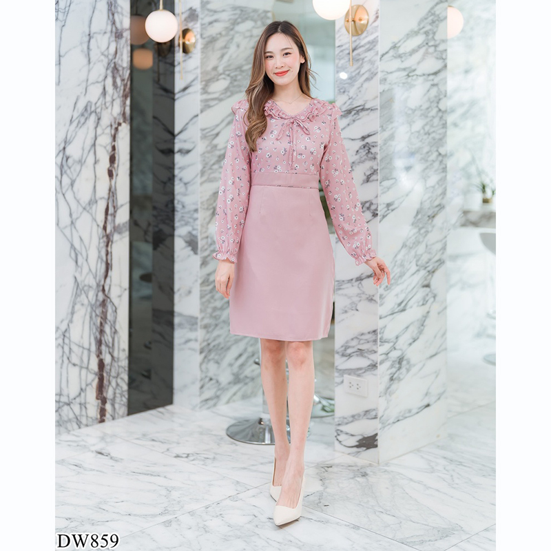 kudapy เดรสสั้นคอกลมสีฟ้า/สีชมพู/สีเขียว ใส่ทำงานแขนยาวคอระบายผูกโบว์กลางอก