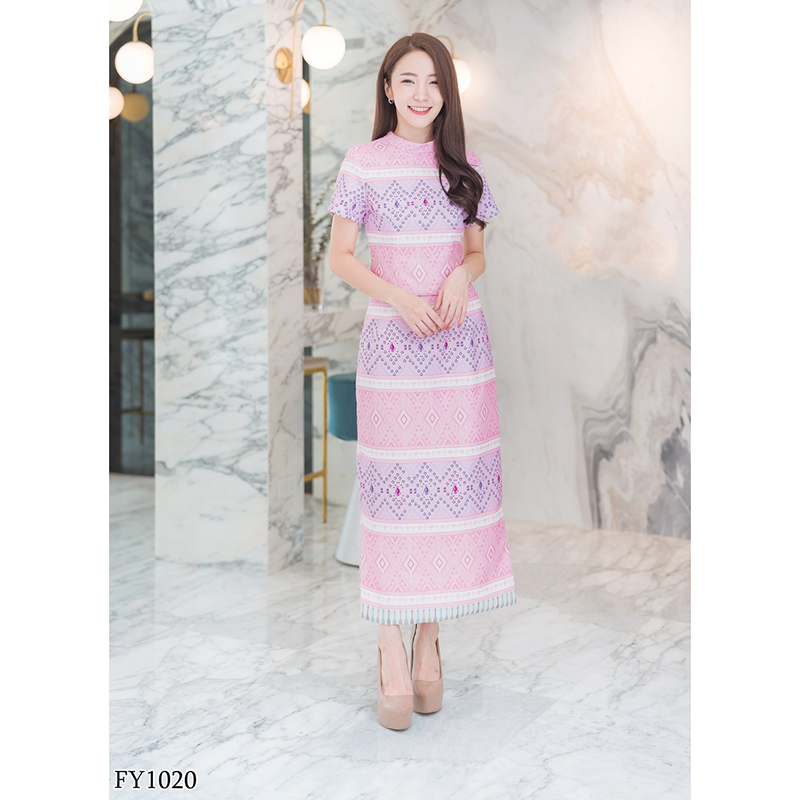 kudapy เดรสยาวผ้าไทยสีชมพู/สีเขียว คอกลมลายไทยใส่สบายสวยดูดี