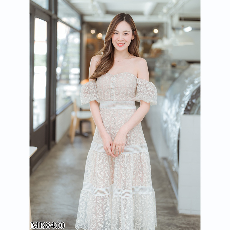 kudapy เดรสยาวเปิดไหล่สีชมพู/สีขาว ลูกไม้ออกงานเปิดไหล่สวยดูดี