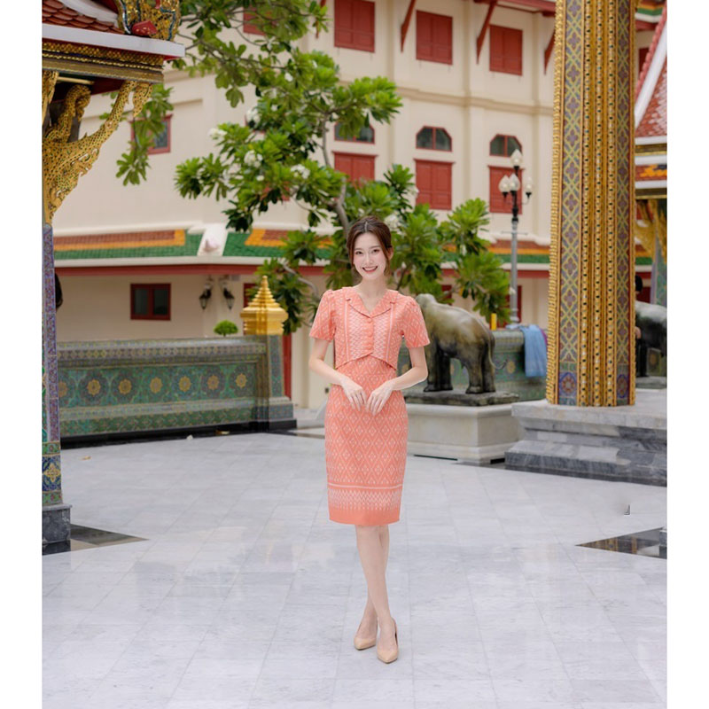 kudapy เดรสสั้นสีฟ้า/สีโอรส ผ้าทอแต่งปกเทเลอร์ ลายผ้าไทย ใส่ออกงาน ใส่ทำงานสวยดูดี