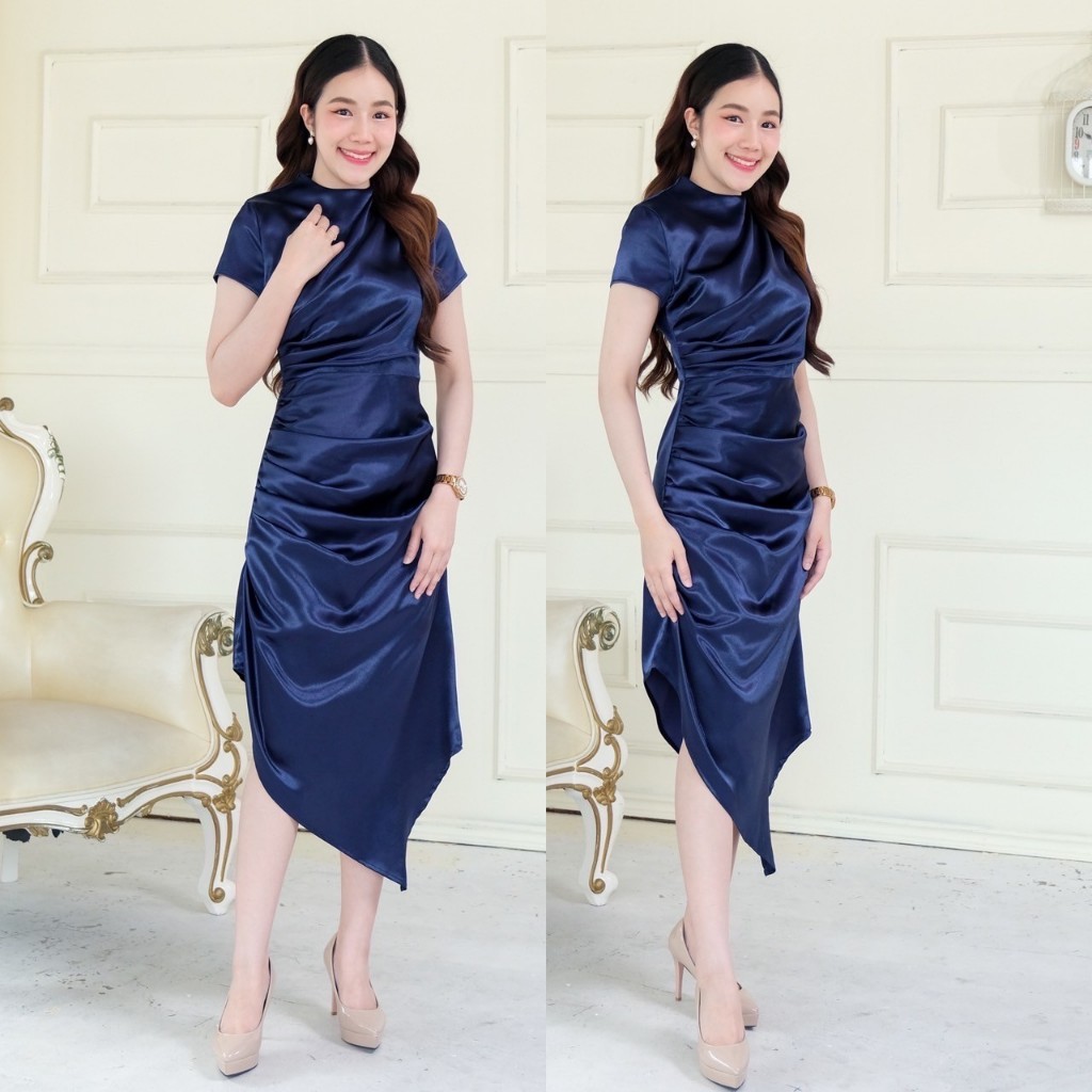 kudapy เดรสสั้นใส่ออกงานสีแดงสด แขนสั้น คอปีน ผ้าเนื้อเงา