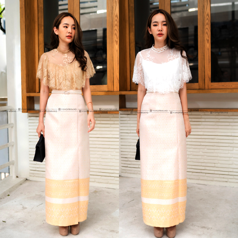 kudapy ชุดเซตไปงานเสื้อลูกไม้+กระโปรงผ้าไหมทอลายสีทอง/สีขาว งานเนียบ ผ้าเนื้อนุ่มใส่สบายตัว