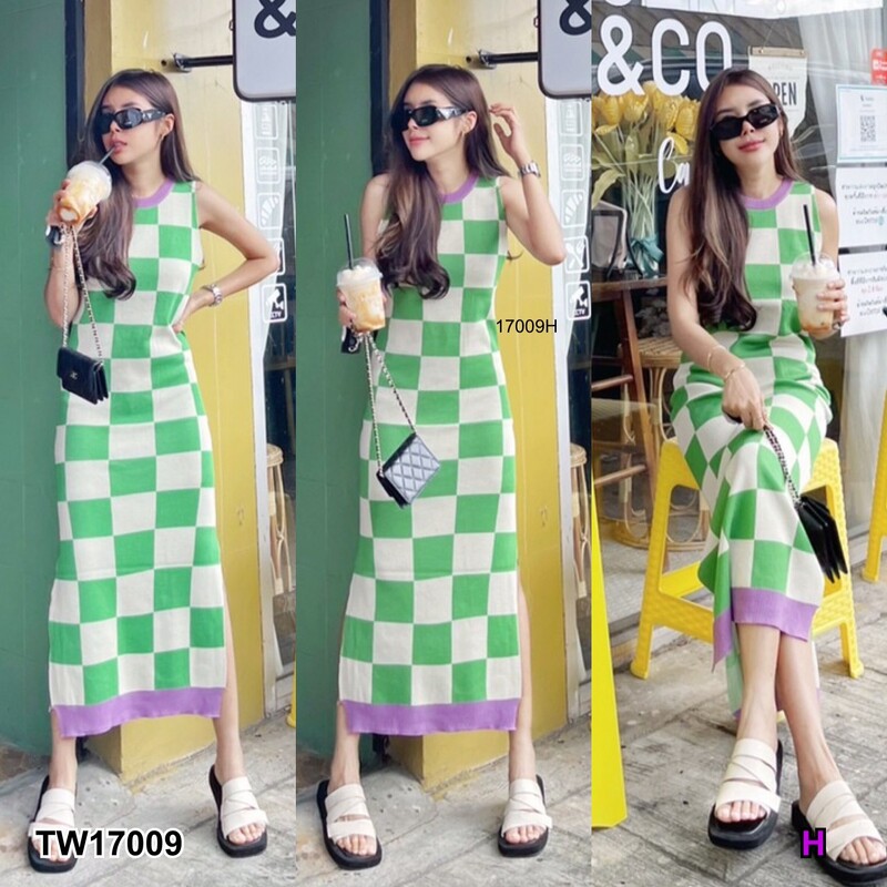 kudapy เดรสยาวสีดำ ส้ม เขียว เหลือง แขนกุดสุดแซ่บ ลายตาราง สีสันสดใส mix&match สีมาได้แบบดีมาก ผ้าไหมพรม