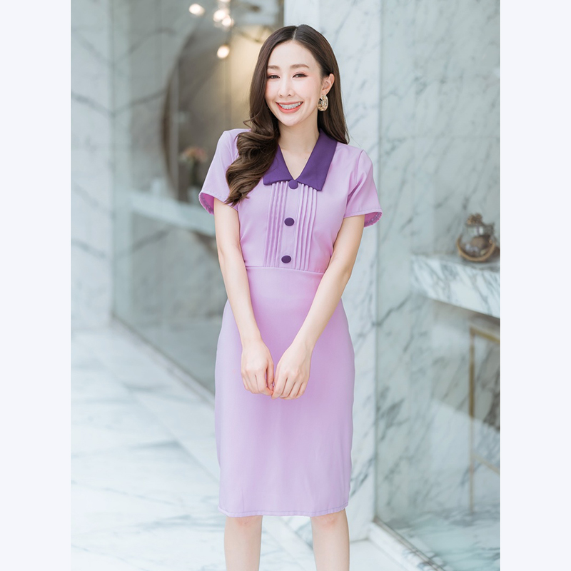 kudapy เดรสสั้นสีชมพู,ม่วง,สีเขียว คอปกจีบอกเนื้อผ้าดีใส่สบาย