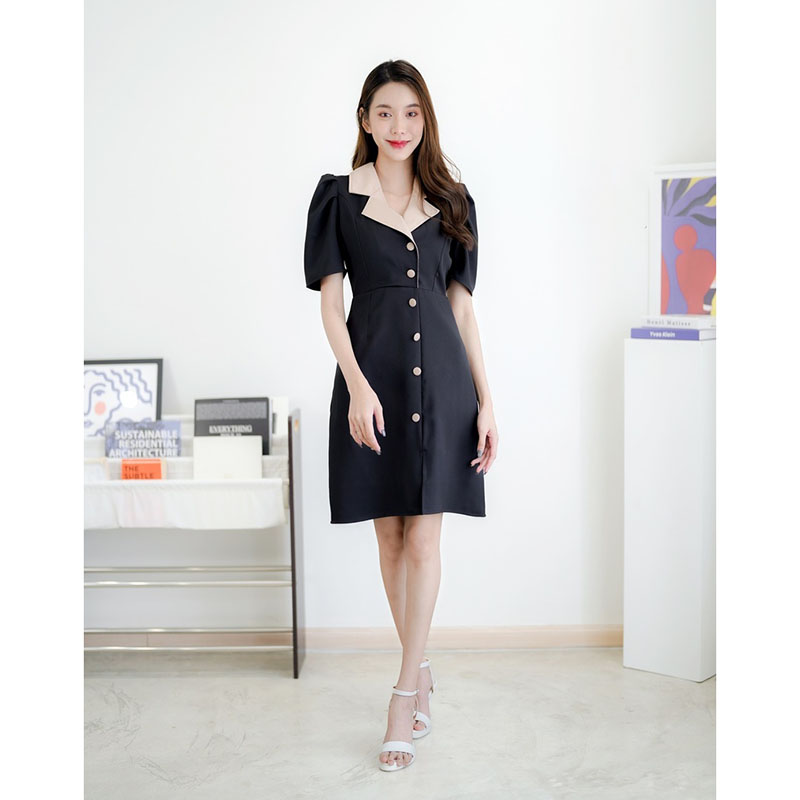 kudapy ดรสสั้นสีดำ/สีแดง/สีกรม ทรงสูทคอปกใส่สบายสวยดูดี