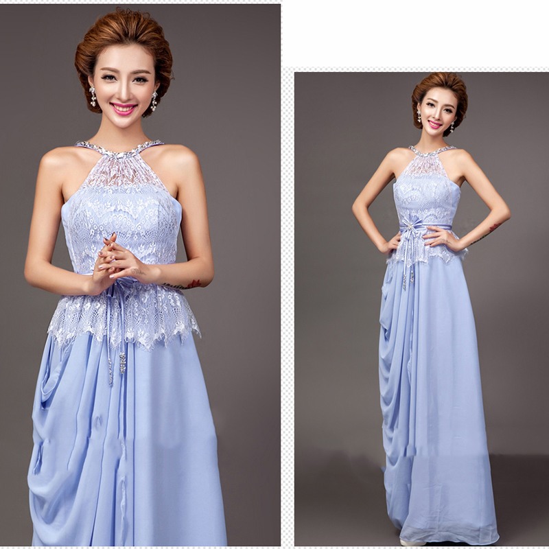kudapy ชุดราตรียาวสีม่วง เกาะอก คล้องคอ กระโปรงจับจีบ สวยหวานด้วยลูกไม้ช่วงอก (ซิปหลัง)