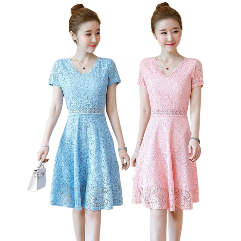 kudapy เดรสสั้นคอกลมแต่งรอยหยักสีชมพู/สีฟ้า เดรสแขนสั้น เอวแต่งดีเทลผ้าลูกไม้โชว์เนื้อด้านใน ทรงสวยม้ากก