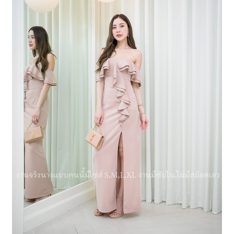 kudapy เดรสยาวสีน้ำตาลอิฐ/สีโอวัลติน สวยออกงาน ปาดไหล่ระบาย2ชั้น ทรงสวยออกงานเริ่ดดๆ ผ้าเนื้อดีมีซับใน