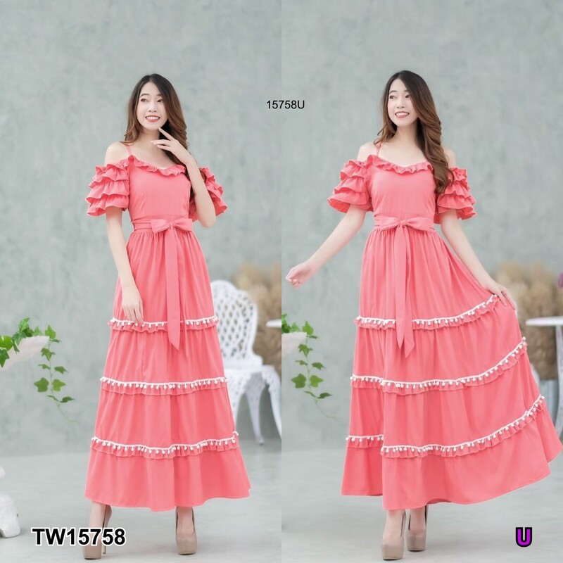 kudapy แม็กซี่เดรสสีชมพู ม่วง ม่วงอ่อน เขียว โอรสเข้ม สายเดี่ยวเว้าไหล่ แขน 2 ข้างระบายชั้น ผ้าไหมอิตาลี่ ระบายชั้นๆ