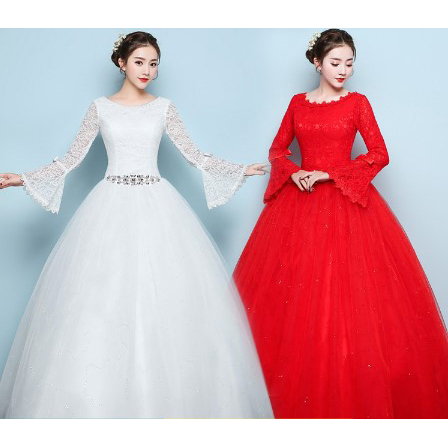 kudapy เดรสยาวสีขาว/สีแดง ชุดเจ้าสาวเขนยาว ลูกไม้ ผ้าซาติน ตาข่าย ลูกไม้กระโปรง เย็บ 6 ชั้น