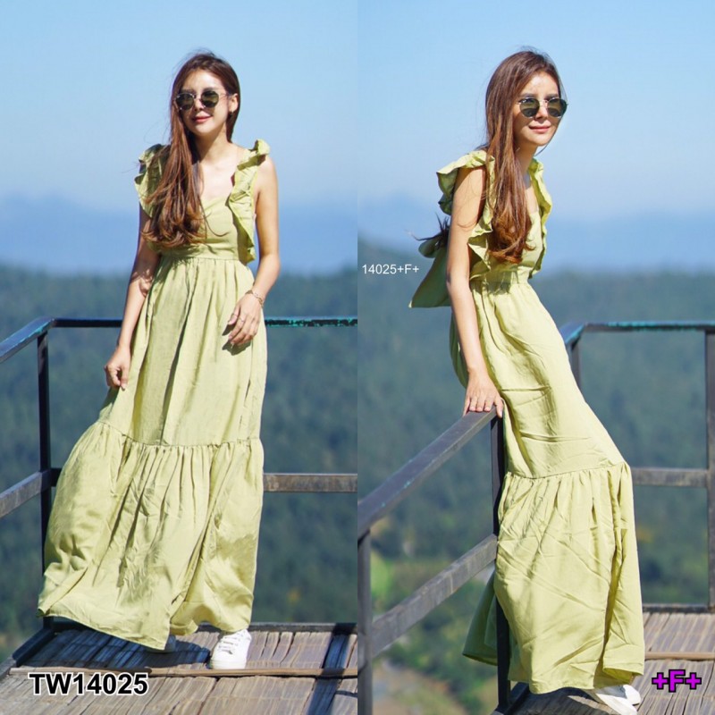 kudapy Maxi Dress เดรสยาวสีเขียว/สีส้ม/สีม่วง คอเหลี่ยม ดีเทลระบายแขน ด้านหลังดึงยาง มีผูกโบว์เข้ารูปตามสรีระของสาวๆ