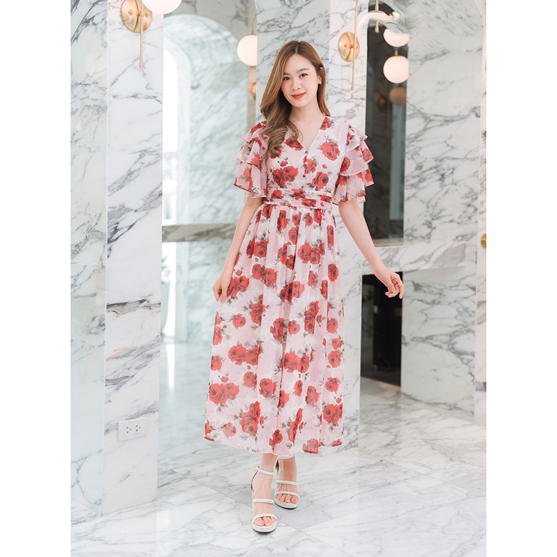 kudapy เดรสยาวสีชมพู ชีฟองลายกุหลาบสดุกตา ใส่สบายสวยดูดี