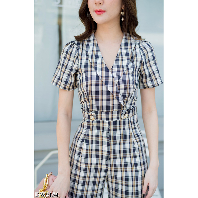 kudapy จั้มสูทขายาวคอวีสีกรม/สีชมพู/สีดำ ปกสูทขายาวลายสก๊อต