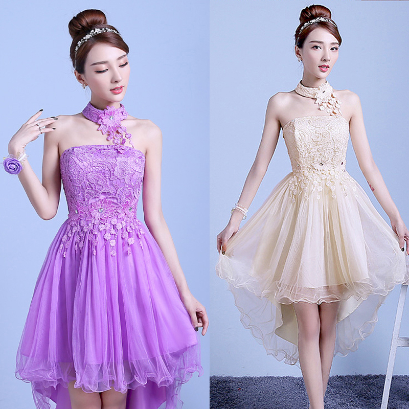 kudapy ชุดราตรีสั้นเกาะอกสีครีมเบจ/สีม่วง ผ้าลูกไม้ผสมซีทรู หน้าสั้นหลังยาว มีผ้าแต่งเป็นสร้อยคอติดดอกไม้ เดรสทรงสวยมากค่ะ