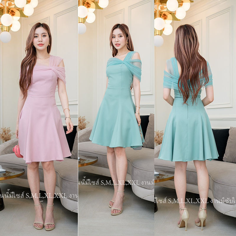 kudapy เดรสสั้นสีชมพู/สีมิ้นอมฟ้า เดรสออกงานปาดไหล่มุ้งกระโปรงบาน น่ารักมากกก งานมีซับใน ซิปด้านหลัง