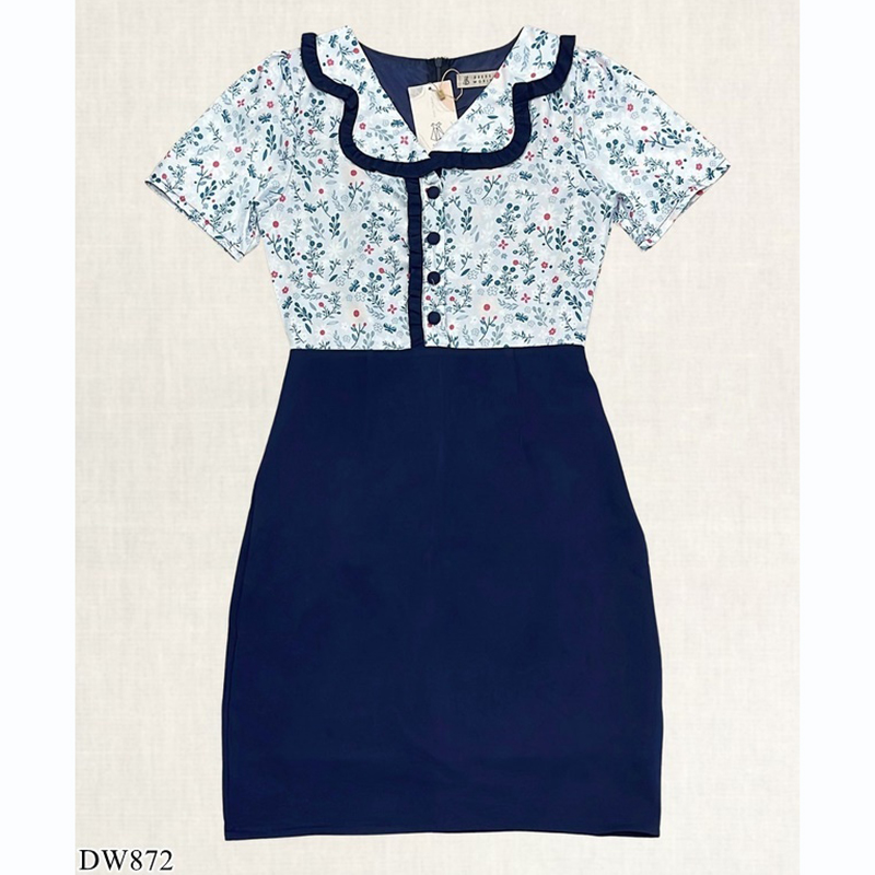 kudapy เดรสสั้นสีเขียว/สีชมพู/สีกรม คอบัวลายดอก ใส่สบายสวยดูดี