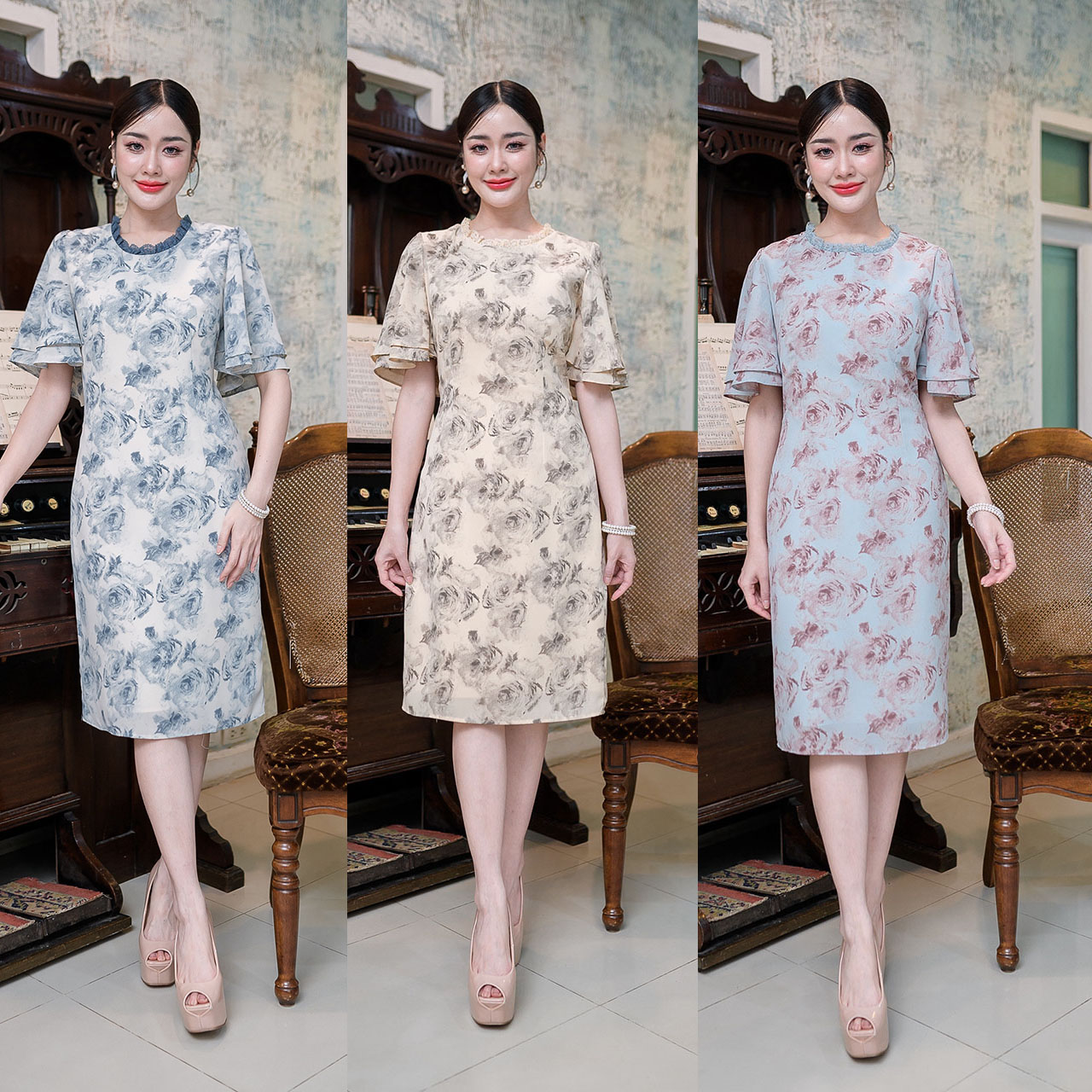 kudapy เดรสสั้นสีฟ้า/สีครีม/สีฟ้าคราม ผ้าพิมพ์ลาย เนื้อผ้าเย็นลื่นสบาย งานดีไซน์แขนระบายสองชั้น พิมพ์ลายกุหลาบไล่สีสวย