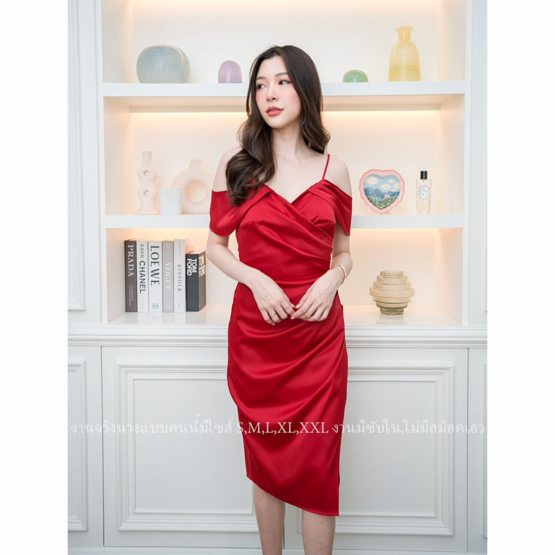 kudapy เดรสสั้นสีไวน์แดง/สีน้ำตาลอิฐ/สีชมพู ชุดราตรีสั้นปาดไหล่พรีเมี่ยมเกรด