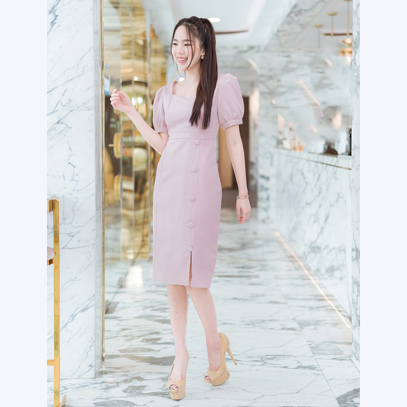 kudapy เดรสสั้นสีกรม,ชมพู ใส่ทำงานแต่งกระดุมสวยดูดี