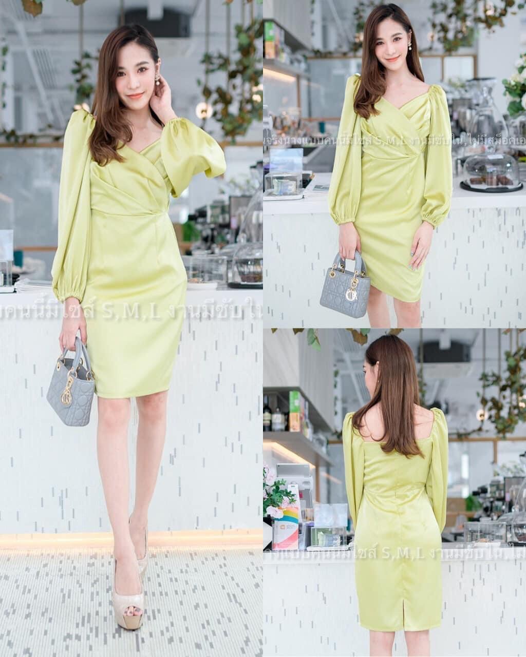 kudapy เดรสสั้นแขนยาวคอสไตล์ฝรั่งเศษ สีชมพูกลับบัว ,กรมท่า, เทาอมกรม ,เขียวแก่ ,แดงเลือดหมู ,ฟ้า ,ม่วง, เขียวตอง ผ้าเครปซาตินยืดเล็กน้อย