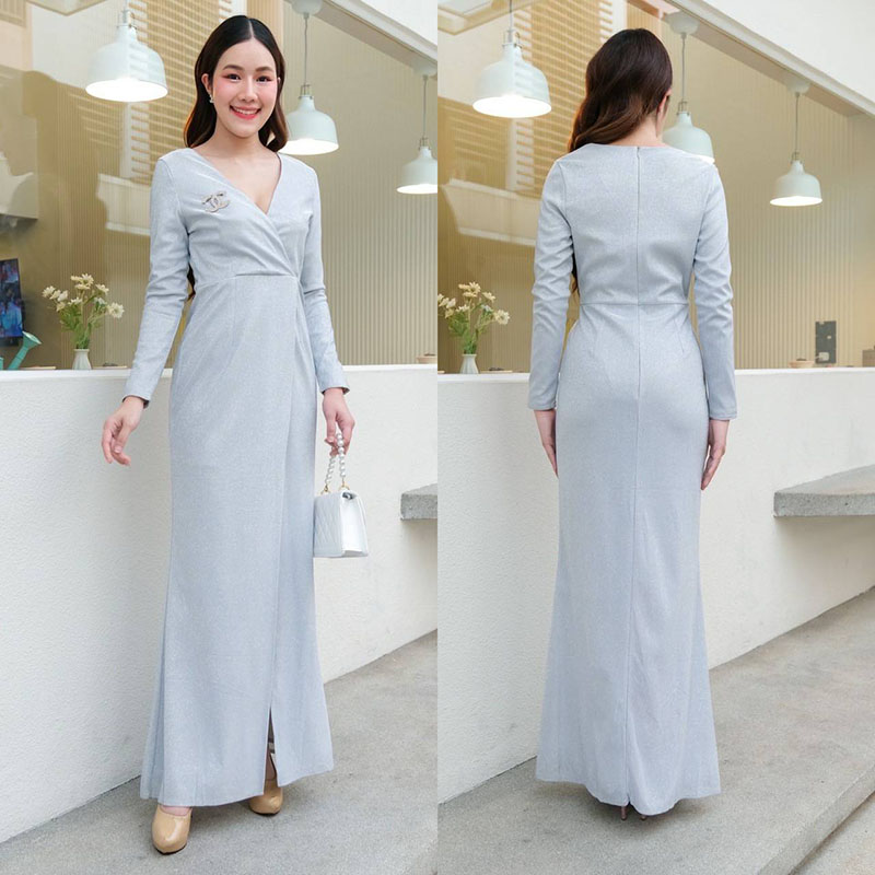 kudapy เดรสยาวสีแดงอมม่วง/สีเงิน/สีทอง/สีดำ/สีน้ำเงิน คอวี แขนยาว กระโปรงผ่าหน้า ทรงเข้ารูป รุ่นนี้ใส่ผอมสวยมากค่า ซิปหลังใส่ง่าย