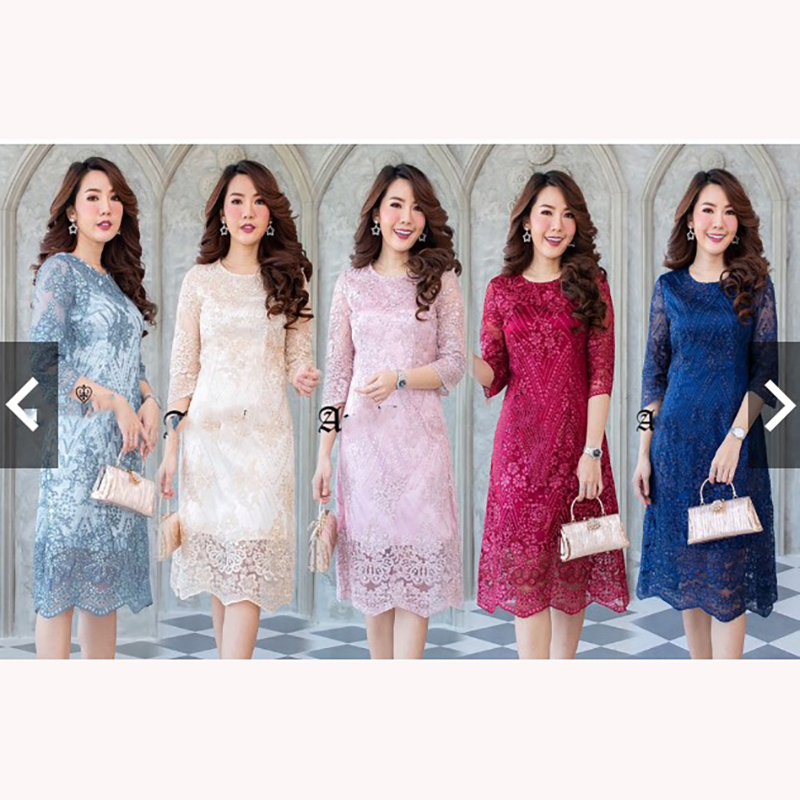 kudapy เดรสสั้นผ้าลูกไม้สีชมพู สีทอง สีฟ้าเทา สีกรม สีแดง แขนสี่ส่วน ซิบซ่อนด้านหลัง