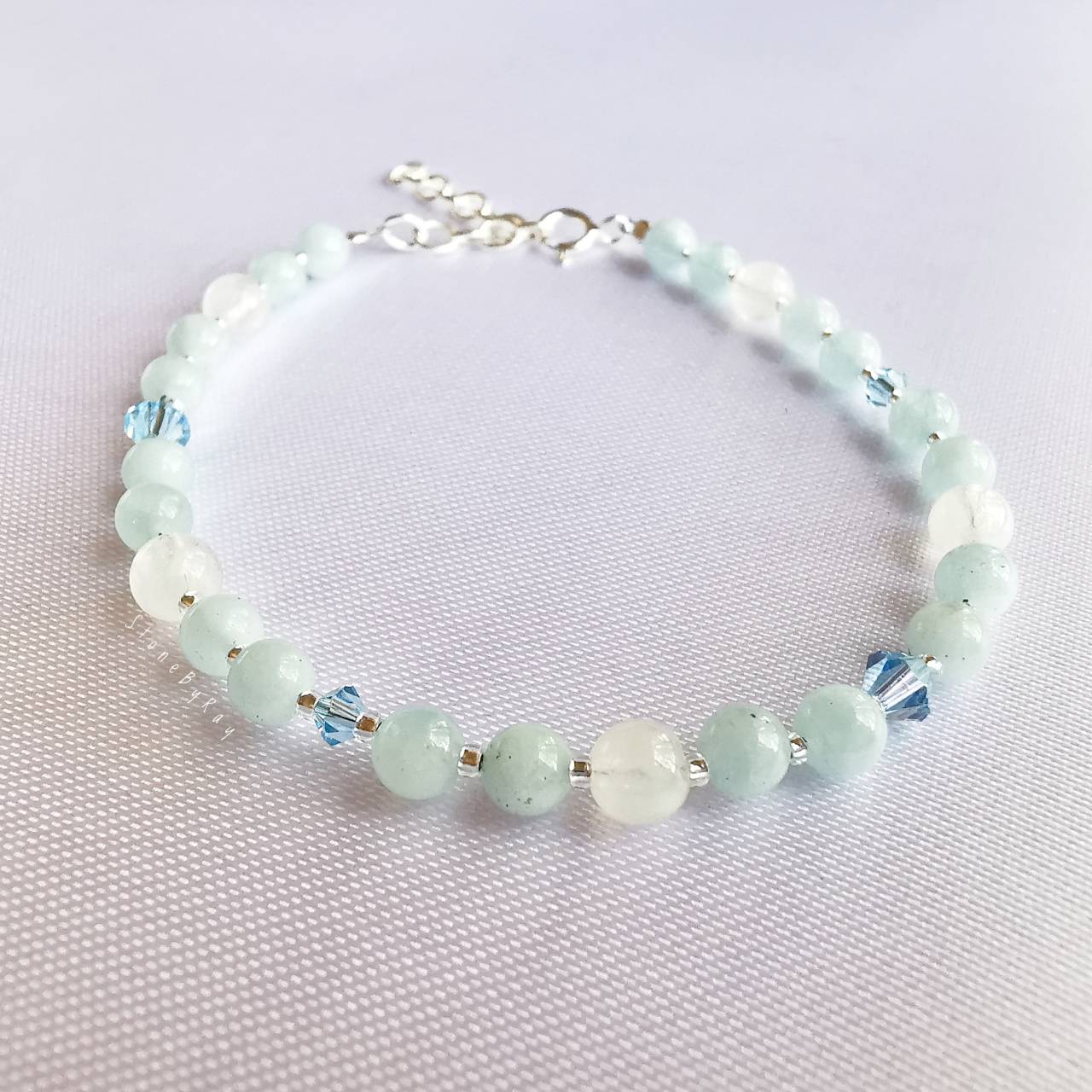 สร้อยข้อมือเงินหินอความารีน+มูนสโตน Aquamarine+Moonstone
