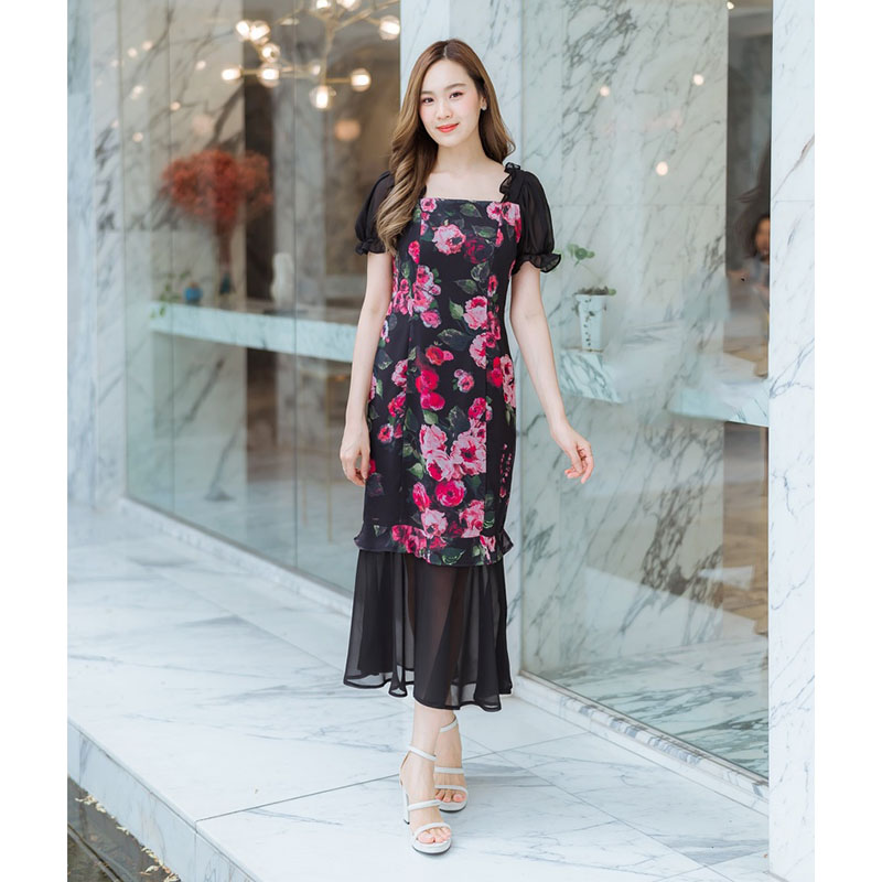kudapy เดรสยาวสีชมพู/สีดำ แขนจั๊มลายกุหลาบชีฟอง ใส่ออกงานใส่เที่ยว เนื้อผ้าเบาสวยดูดีมากๆ