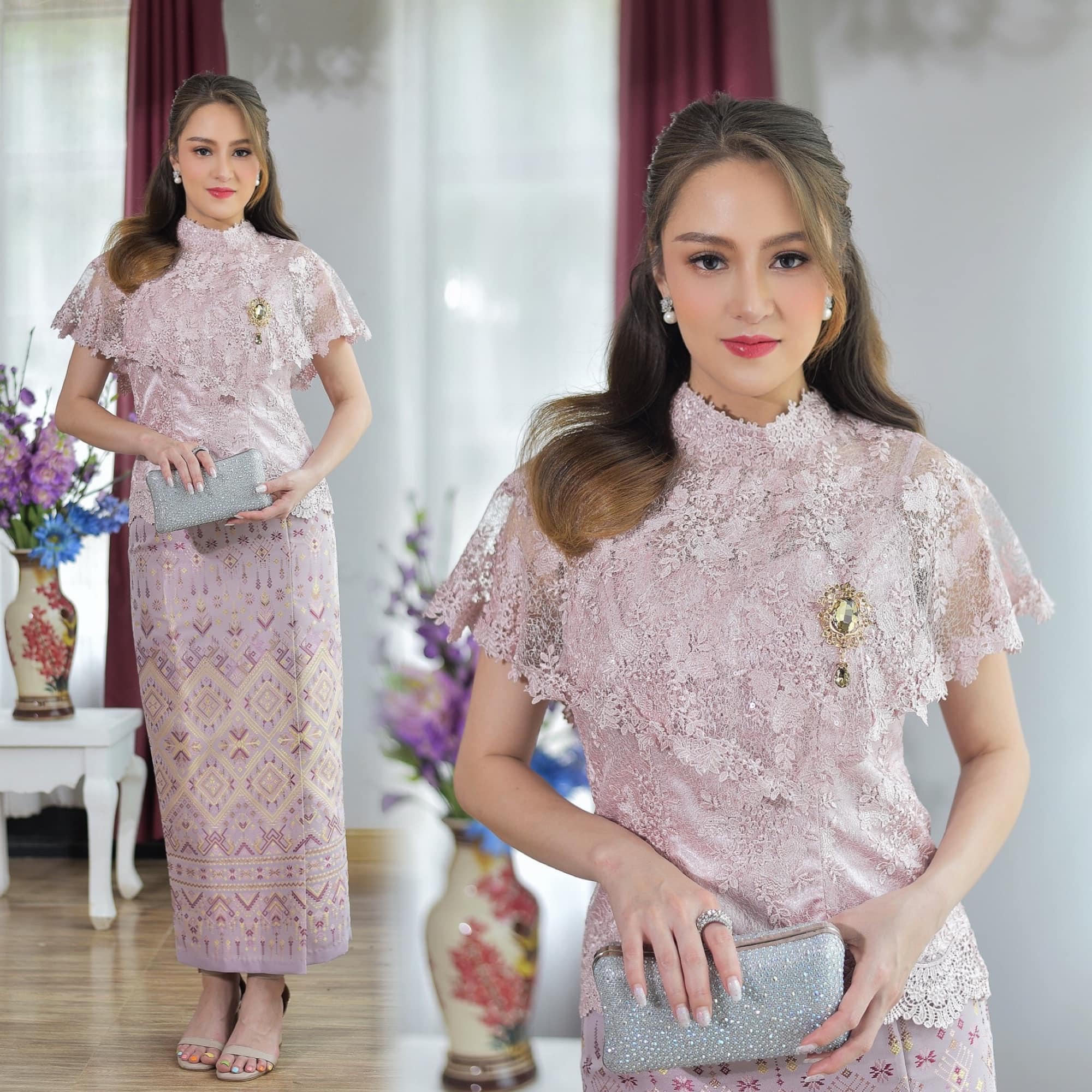 kudapy ชุดเซ็ทเสื้อลูกไม้+ผ้าถุง เสื้อเนื้อผ้าผ้าลูกไม้ใยบวบเกรดพรีเมี่ยมทั้งผืน ผ้าถุงลยไทยสวย ใส่ออกงานดูดี