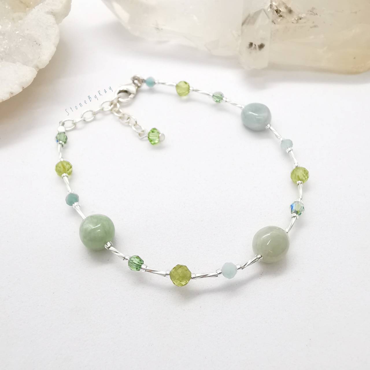 สร้อยข้อมือเงินหยก+เพอริดอท+อมาโซไนท์ (Jade+Peridot+Amazonite)