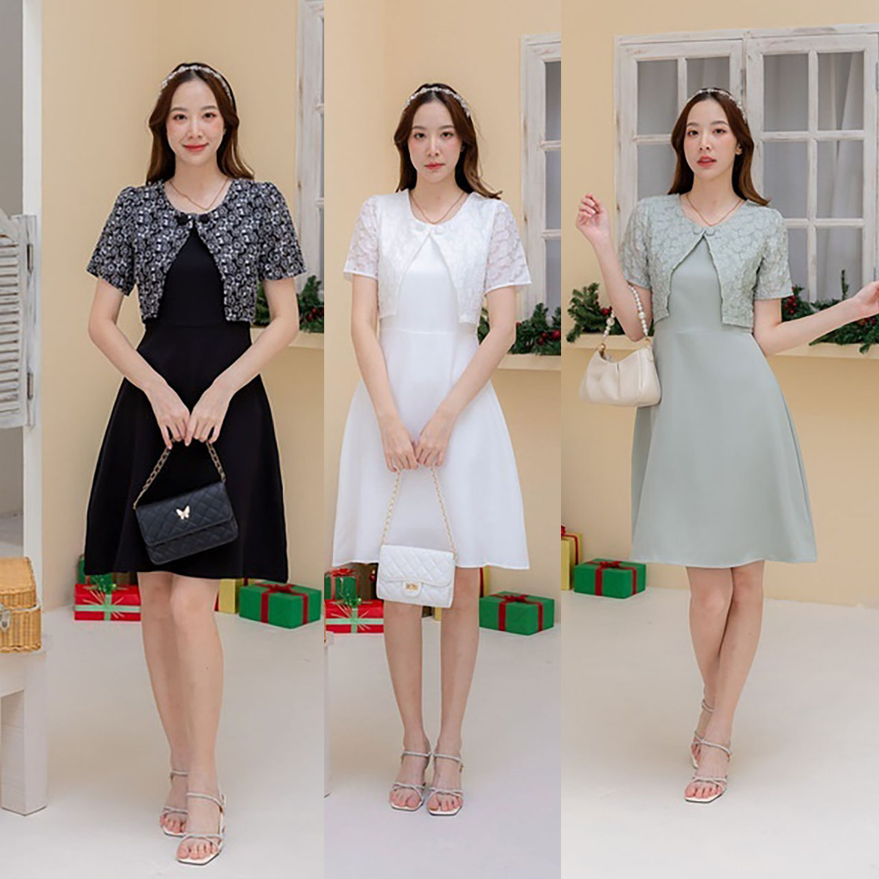 kudapy เดรสสีพื้นทรงบานแต่งเสื้อลายดอก+กระดุมคอ 2 ชิ้น