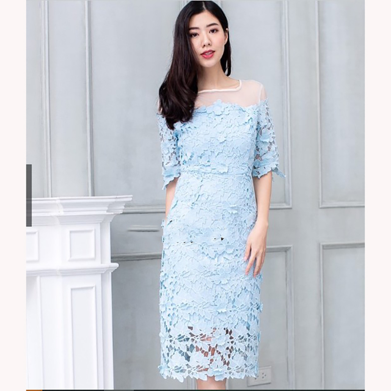 kudapy เดรสลูกไม้สีฟ้าคราม/สีฟ้า/สีชมพูกลีบบัว แขนสามส่วน ไหล่ซีทรูผ้าไหมแก้ว ผ้าลูกไม้