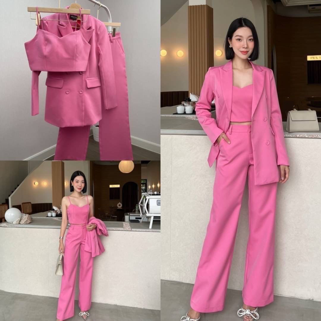 kudapy เซทเสื้อสูท+กางเกง+ครอปสั้นมีฟองน้ำในตัว ตัวเสื้อให้ยาวคลุมสะโพก ทำให้ดูผอม ทรงโอเวอร์ไซส์ กางเกงทรงกระบอกใหญ่ ซิปตะขอหน้า