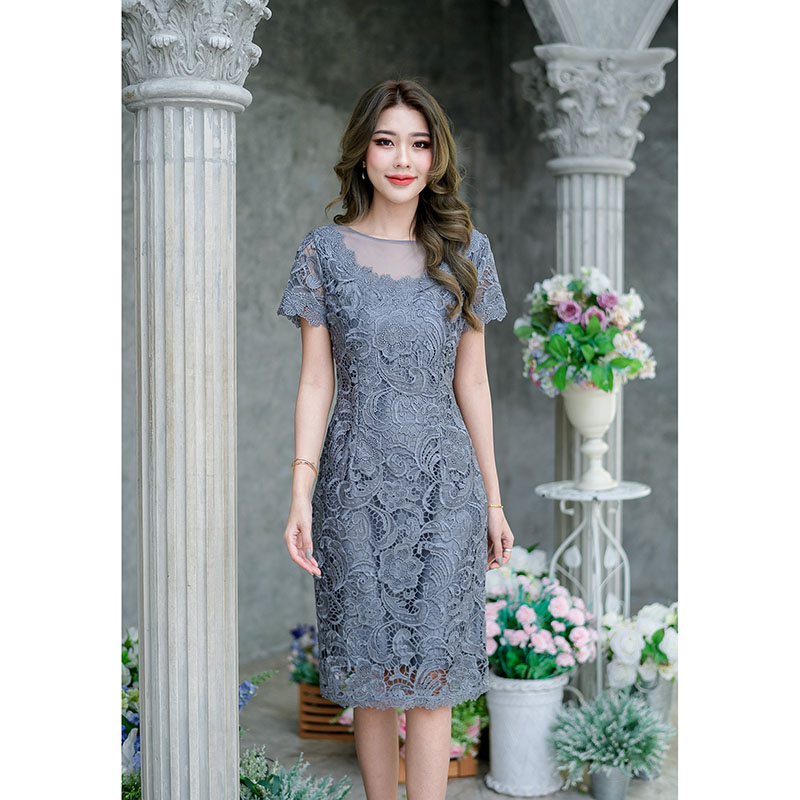 kudapy เดรสสั้นสีชมพู/สีเทา ลูกไม้เงา ทอลายสวย ใช้ลูกไม้เนื้อดีทอลายแน่น ดีไซน์ชุดเก๋แบบคว้านคอแต่งซีทรูช่วงอก