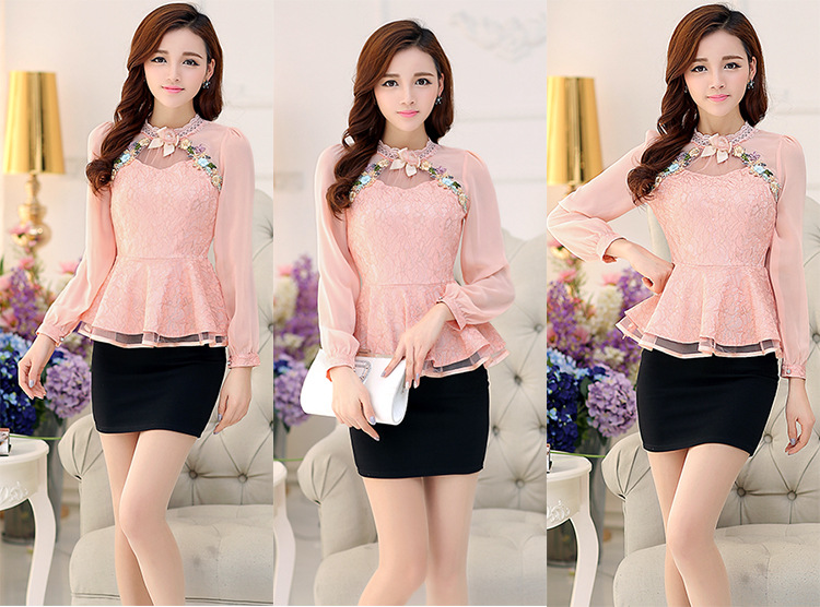 kudapy เสื้อลูกไม้สีโอลโรสแขนยาว ทรงเข้ารูป คอกลมปักดอกไม้และ ปักลูกไม้และ ต่อชายระบายช่วงเอว