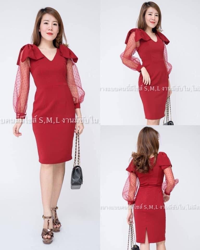 kudapy เดรสสั้นแต่งโบว์ไหล่คู่ สีชมพู, กรมท่า, แดงเลือดหมู, ไวน์แดง, เทา, ขาว ,โอวัลติน แขนแต่งผ้าชีฟองลายจุดๆ ผ้าฮานาโกะผ้ายืดเนื้อดีทิ้งตัว