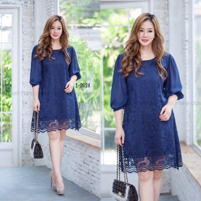 kudapy เดรสสั้นผ้าลูกไม้คอกลม แขนชีฟร็องสามส่วน ทรงเอ ผ้าลูกไม้เนื้อนิ่ม ใส่สบาย มีซับทั้งชุด