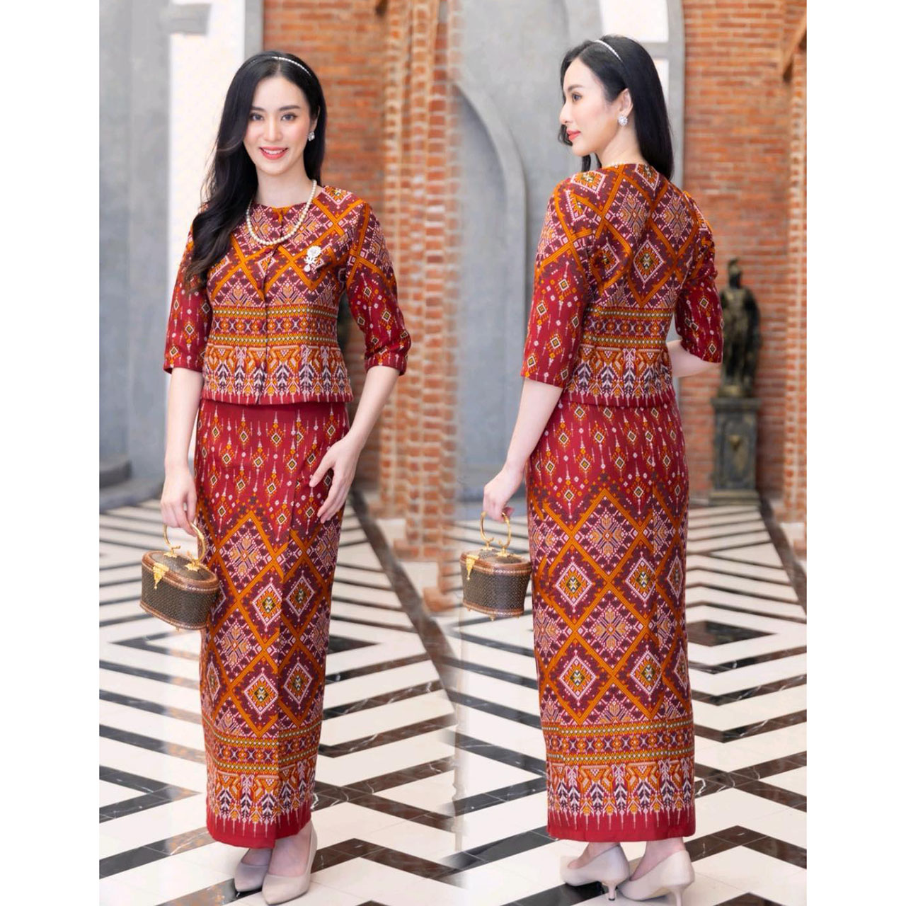 kudapy เซ็ทสีแดง ผ้าฝ้ายงดงามในความเป็นไทย อัดกาวอย่างดี เสื้อทรงเอวระบาย