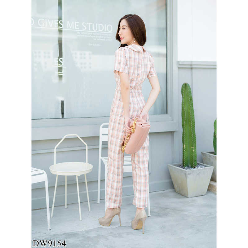 kudapy จั้มสูทขายาวคอวีสีกรม/สีชมพู/สีดำ ปกสูทขายาวลายสก๊อต