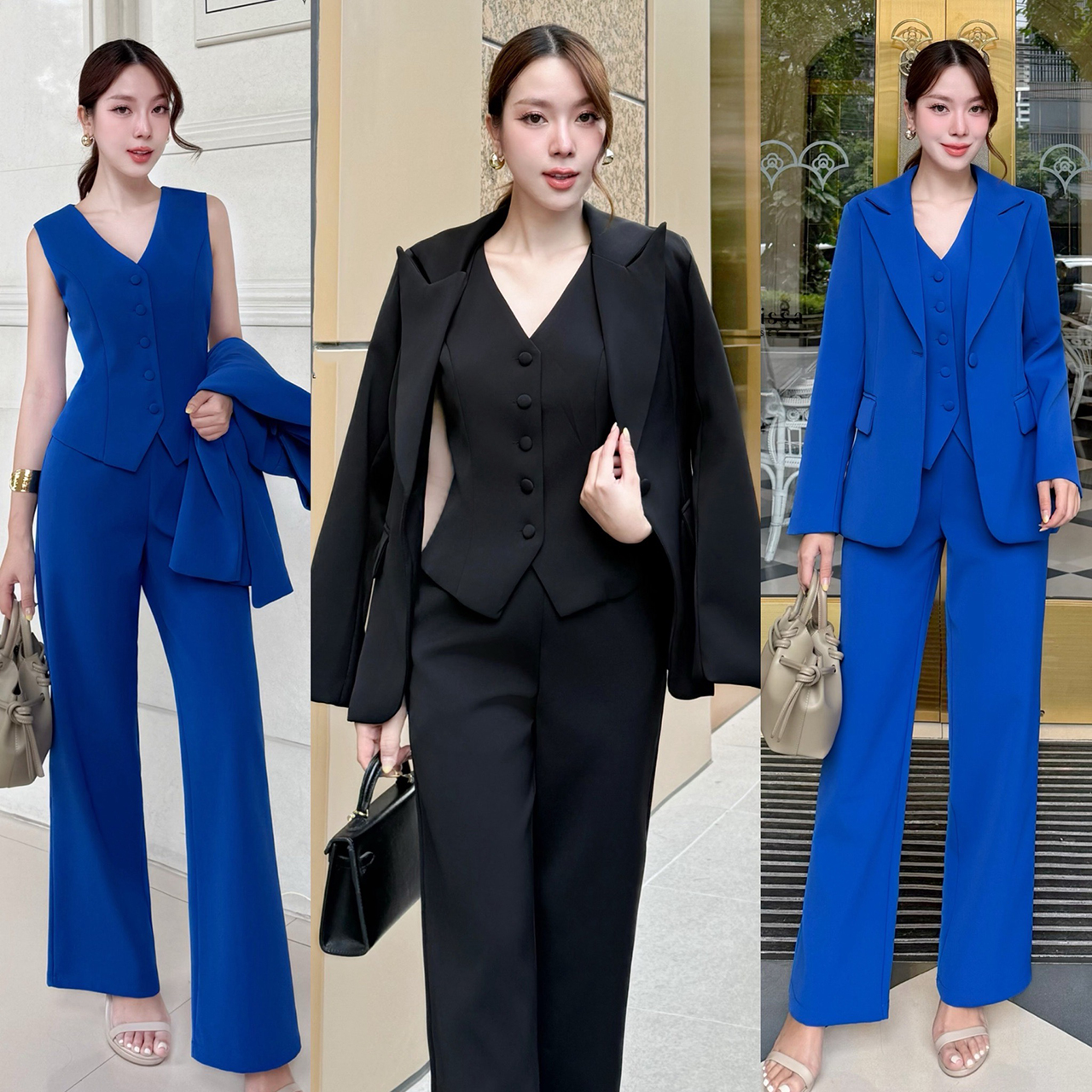 kudapy เซทเสื้อสูท+กางเกง+เสื้อเวส เป็นเซ็ทสูท ทรงโอเวอร์ไซส์นิดๆ แต่งกระดุมจริงด้านหน้า กระเป๋าจริง มีซับในทั้งตัว