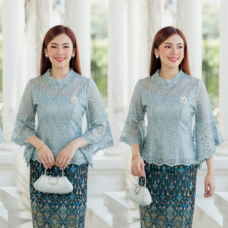 kudapy (เฉพาะเสื้อ) เสื้อลูกไม้สีฟ้า/สีส้มม่วง/สีทอง/สีขาว ตัวเสื้อใช้ผ้าลูกไม้ใยบวบเนื้อดีลายลูกไม้แน่นทั้งตัว ตัวเสื้อมาพร้อมซับในเนื้อดีในตัว