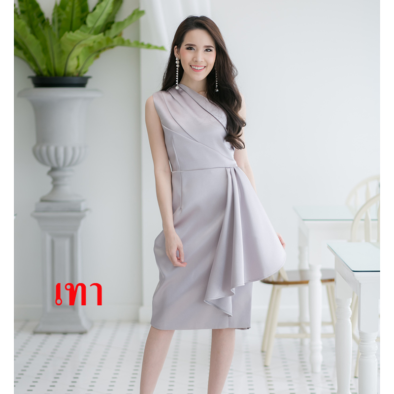 kudapy ชุดราตรีสั้นไหล่เฉียงจับจีบเอวแต่งระบายเลเยอร์ข้าง สีฟ้า ,โอวัลติน ,กรมท่า ,แดง ,ชมพูกลีบบัว ,เทา, เขียวอ่อน ,โอรส ,ชมพูโรสโกลด์